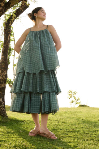 Greenish blue block print princess dress