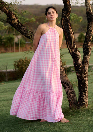 Pink madras checks maxi dress