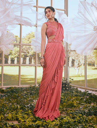 Brick red drape saree set