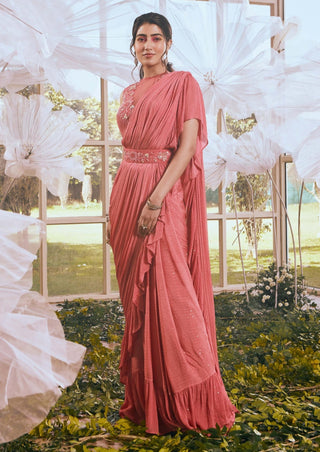 Brick red drape saree set