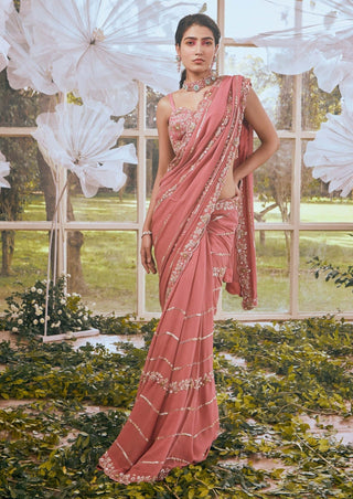 Salmon pink embroidered saree set