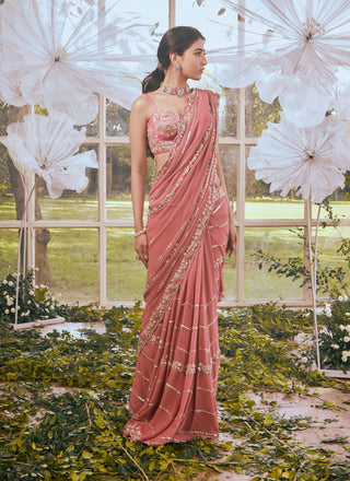 Salmon pink embroidered saree set