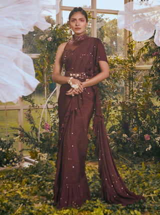 Deep wine drape saree set