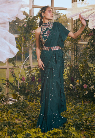 Dark teal drape saree set