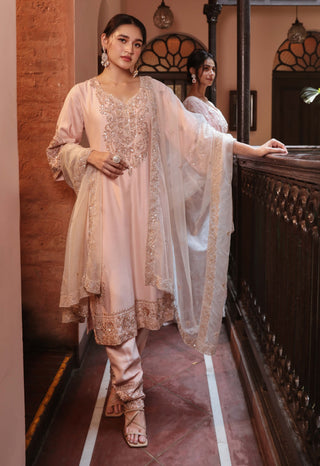 Peach organza embroidered kurta set