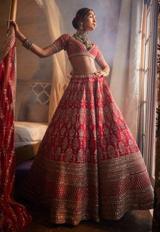 Red loop embroidered lehenga set