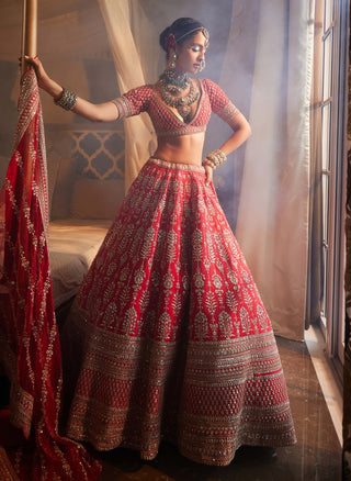 Red loop embroidered lehenga set