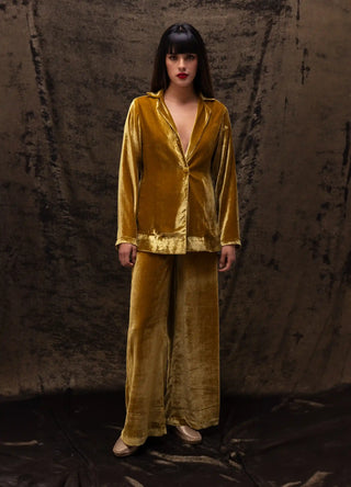 Golden yellow silk velvet jacket and pants