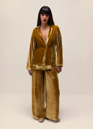 Golden yellow silk velvet jacket and pants