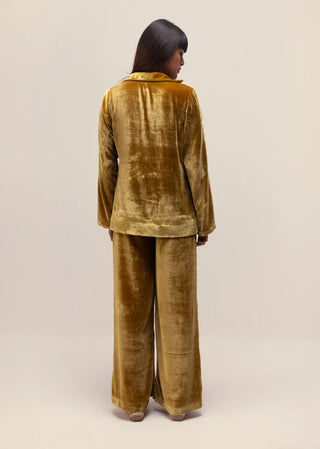 Golden yellow silk velvet jacket and pants