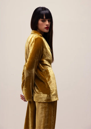 Golden yellow silk velvet jacket and pants