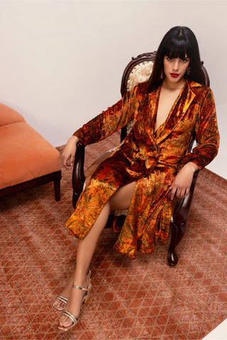 Nargis rust velvet robe dress