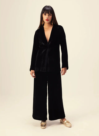 Black silk velvet jacket and pants