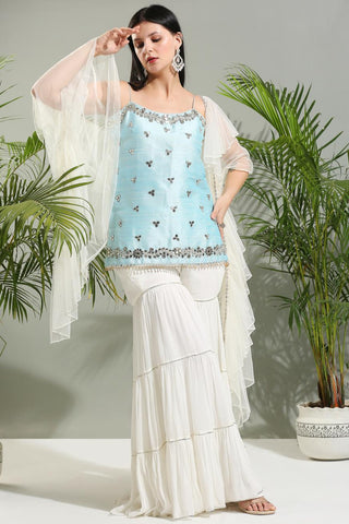 Powder blue and ivory sunset bloom sharara set