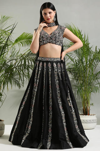 Black thread and mirror hand embroidered sunset bloom lehenga set