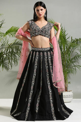 Black and pink thread and mirror hand embroidered sunset bloom lehenga set