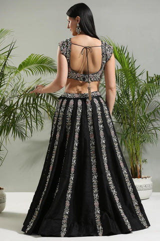 Black and pink thread and mirror hand embroidered sunset bloom lehenga set