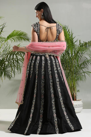 Black and pink thread and mirror hand embroidered sunset bloom lehenga set