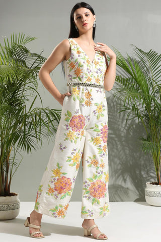 Ivory handpainted sunset bloom jumpsuit