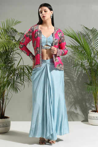 Grey sunset bloom top and skirt with fuchsia jacket