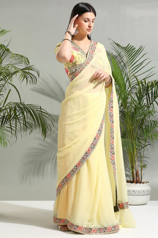 Yellow sunset bloom saree with floral blouse