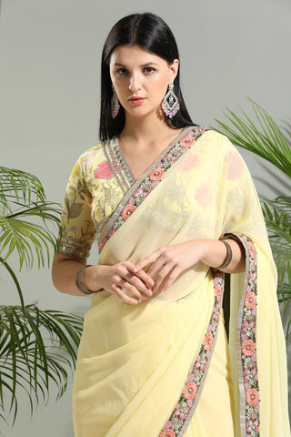 Yellow sunset bloom saree with floral blouse