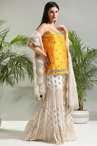 Yellow and ivory sunset bloom sharara set