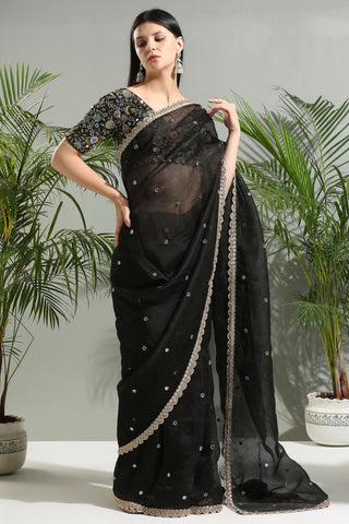 Black organza sunset bloom saree with embroidered blouse