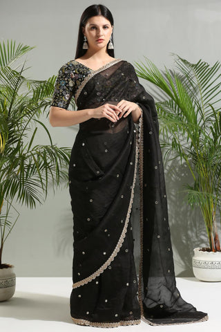 Black organza sunset bloom saree with embroidered blouse