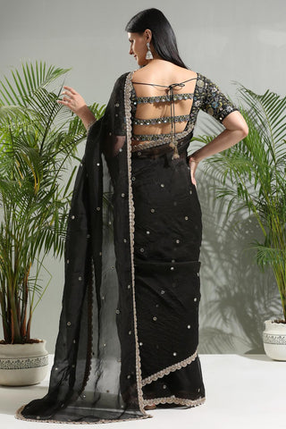 Black organza sunset bloom saree with embroidered blouse