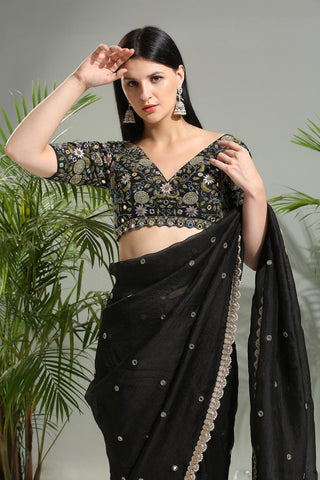 Black organza sunset bloom saree with embroidered blouse