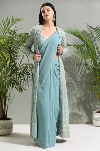 Dusty blue sunset bloom jacket and Saree set