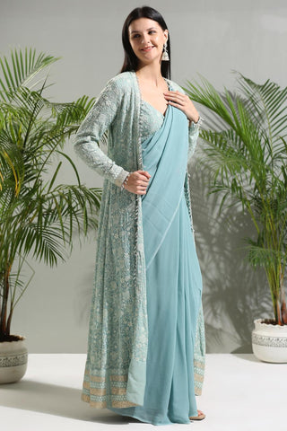 Dusty blue sunset bloom jacket and Saree set