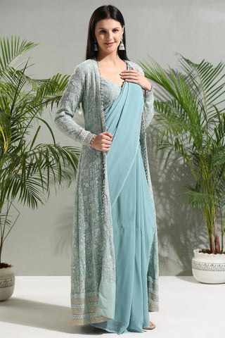 Dusty blue sunset bloom jacket and Saree set