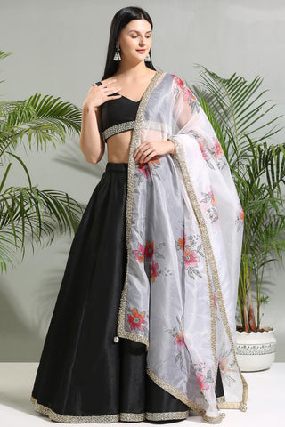 Black raw silk sunset bloom lehenga set with hand painted dupatta