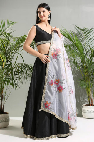 Black raw silk sunset bloom lehenga set with hand painted dupatta