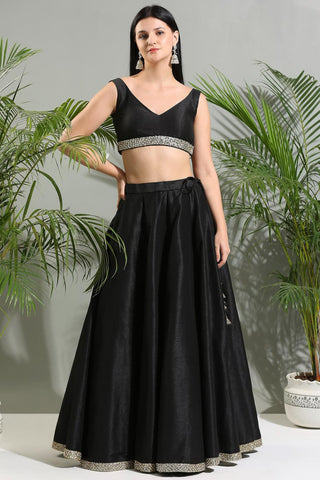 Black raw silk sunset bloom lehenga set with hand painted dupatta