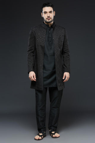 Black sherwani open jacket set with navy blue kurta and slim pant set