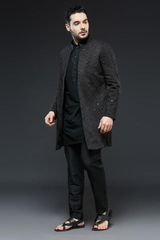 Black sherwani open jacket set with navy blue kurta and slim pant set