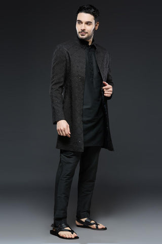 Black sherwani open jacket set with navy blue kurta and slim pant set