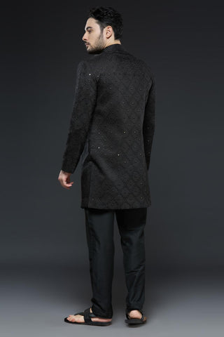 Black sherwani open jacket set with navy blue kurta and slim pant set