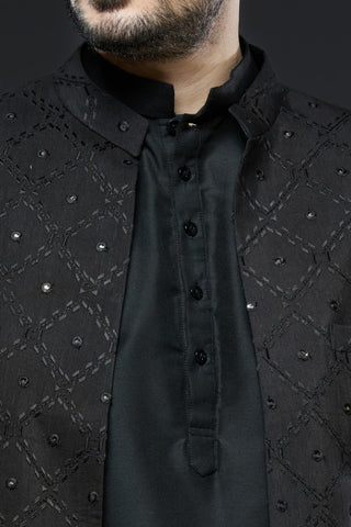 Black sherwani open jacket set with navy blue kurta and slim pant set