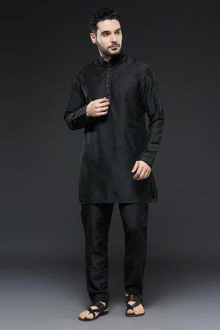 Black sherwani open jacket set with navy blue kurta and slim pant set