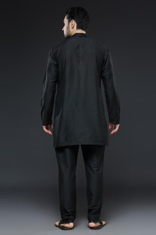 Black sherwani open jacket set with navy blue kurta and slim pant set