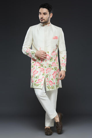 Ivory sherwani with hand embroidery detailing and slim pant set