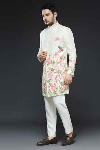 Ivory sherwani with hand embroidery detailing and slim pant set