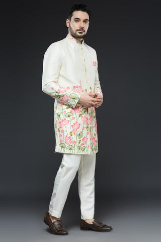 Ivory sherwani with hand embroidery detailing and slim pant set