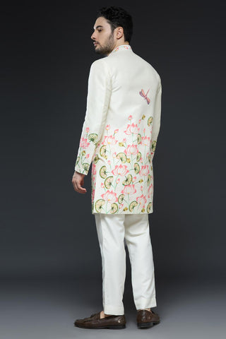 Ivory sherwani with hand embroidery detailing and slim pant set