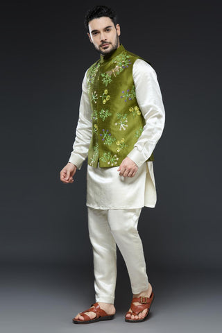 Mehendi green linen tissue vest with ivory kurta and slim pant