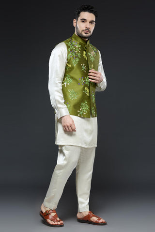 Mehendi green linen tissue vest with ivory kurta and slim pant